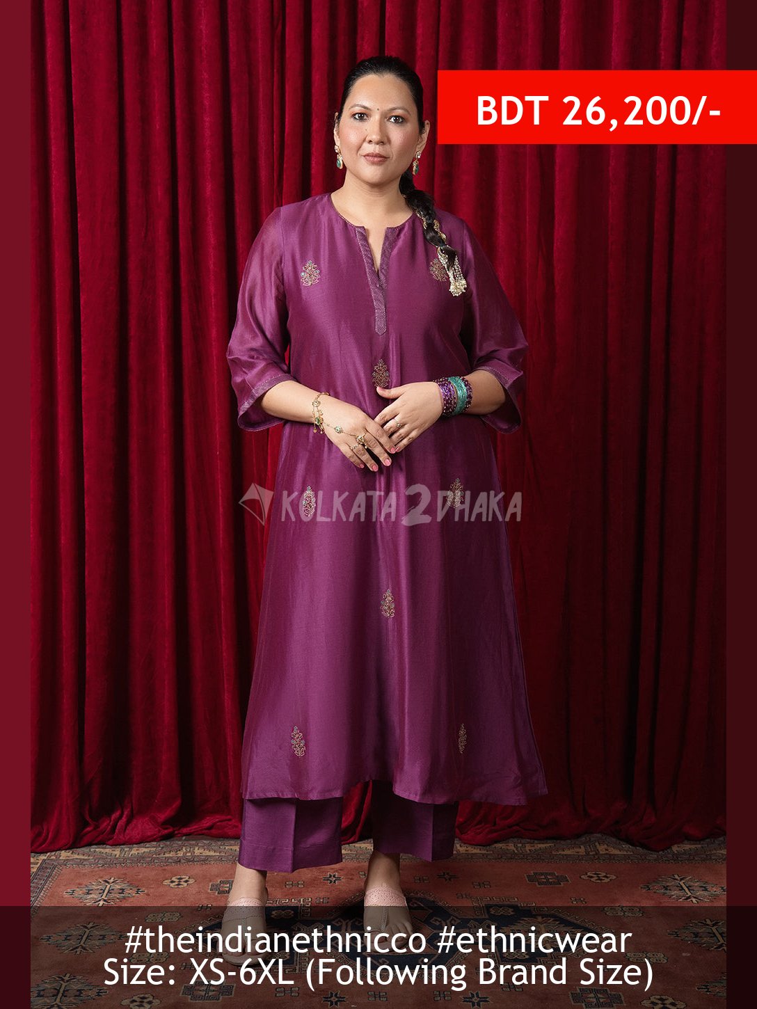 The Indian Ethnic Co Tarani Purple Solid Chanderi Silk A Line Kurta with Hand Embroidery