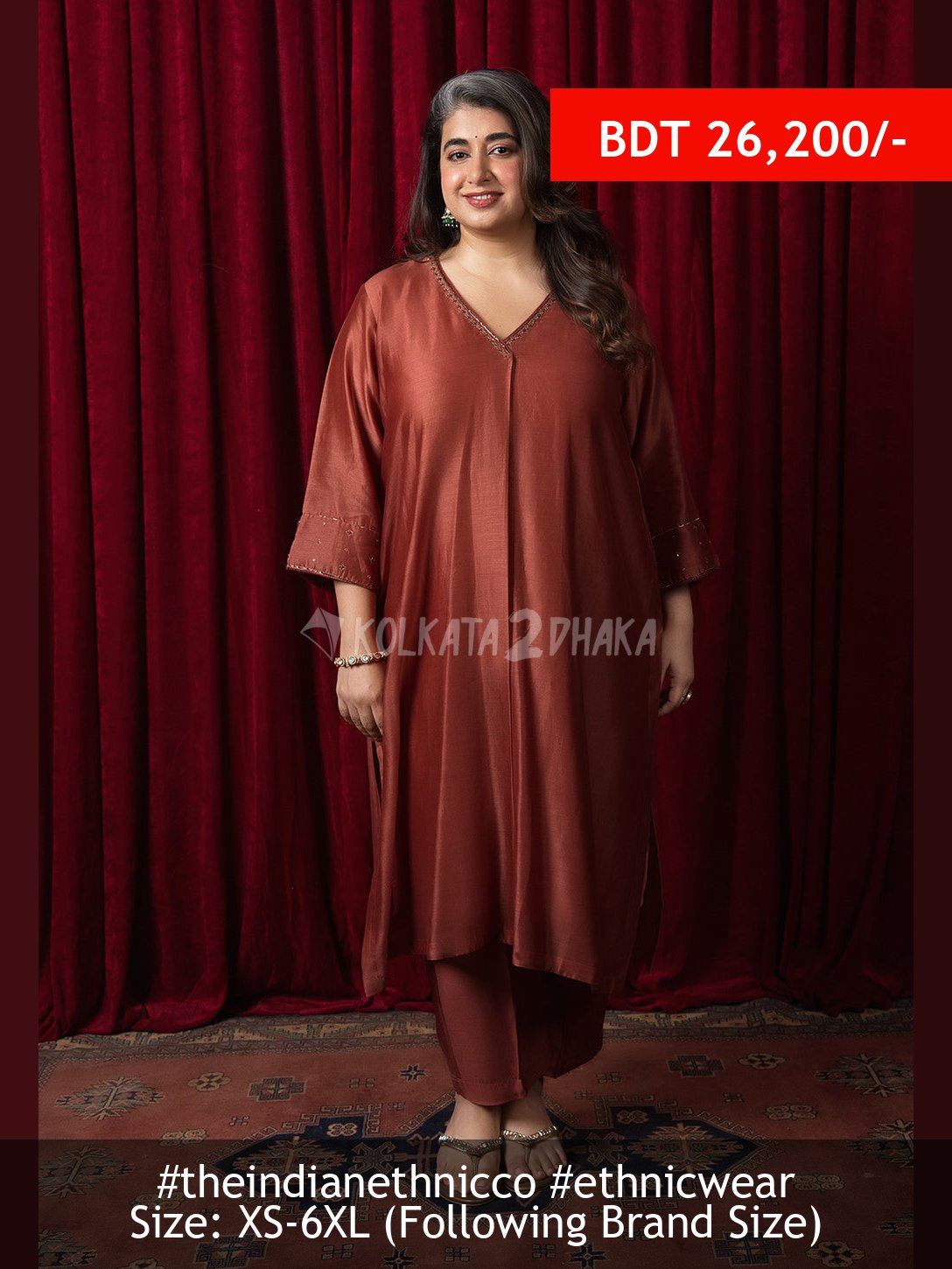 The Indian Ethnic Co Raila Orange Solid Chanderi Silk Straight Kurta with Hand Embroidery