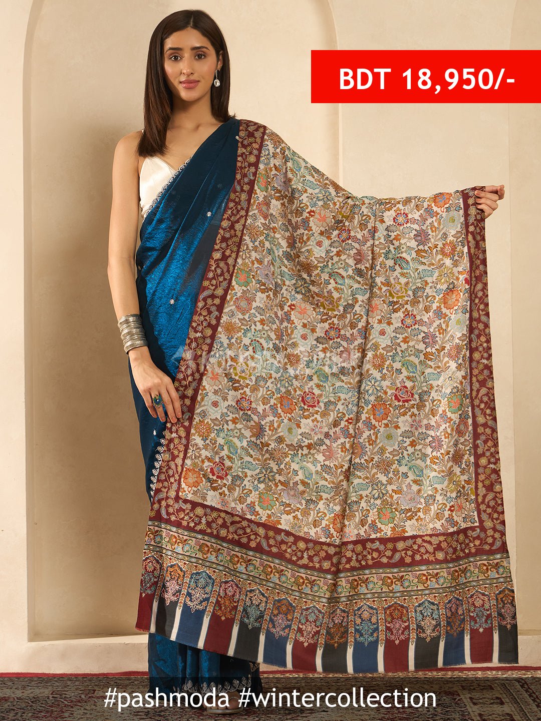 Pashmoda Fine Wool Fabric Kalamkari Embroidered Shawl