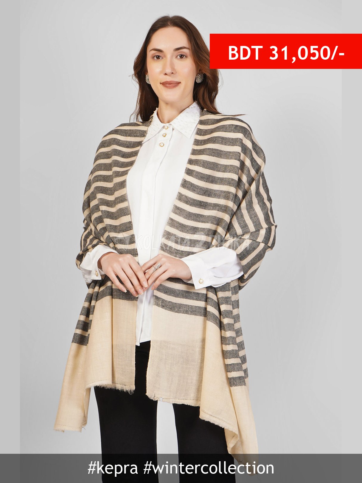 Kepra Beige and Grey Striped Designer Pashmina Stole