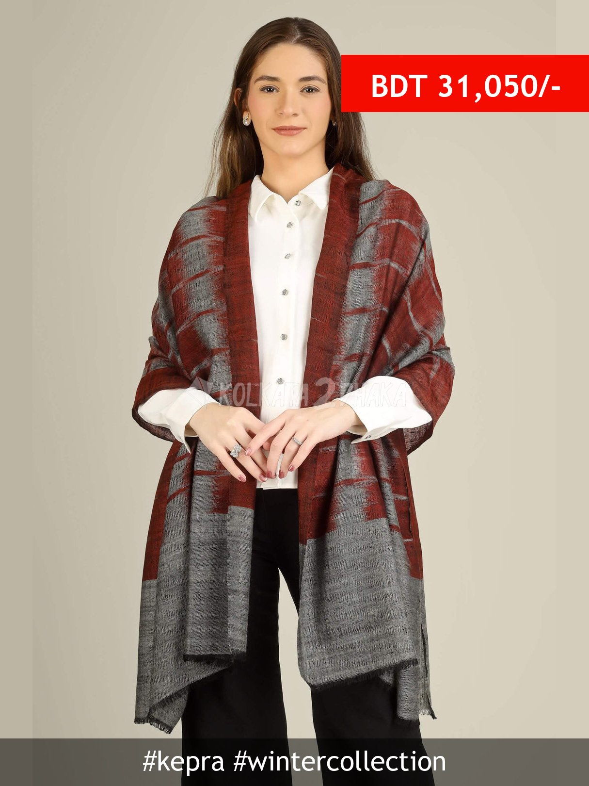 Kepra Maroon & Grey Pure Pashmina Aaniya Stole
