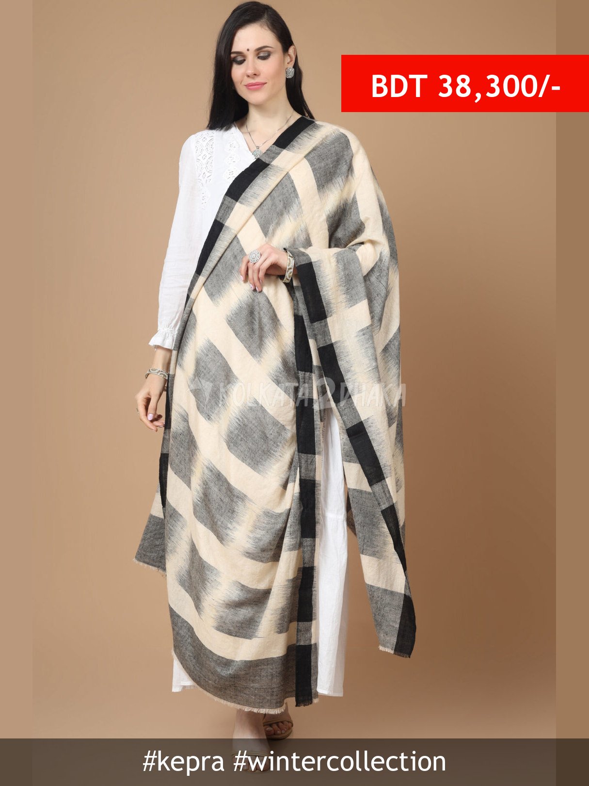 Kepra Gray white Ikat pashmina shawl