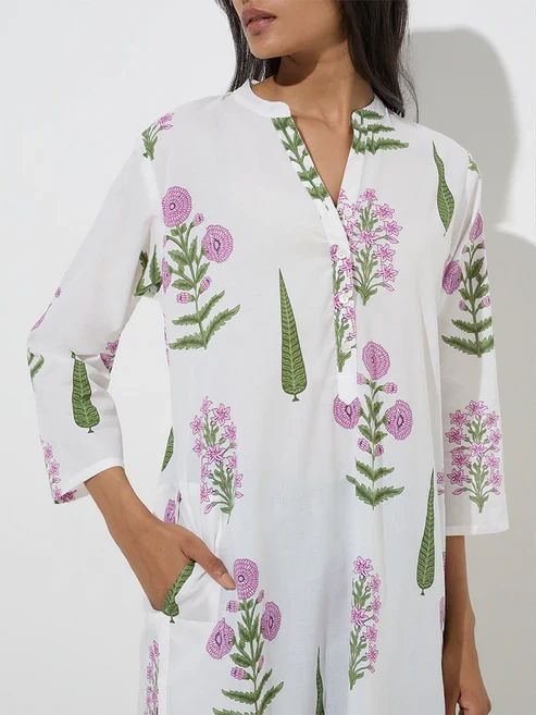 Utsa White Foliage Printed Straight Cotton Kurti