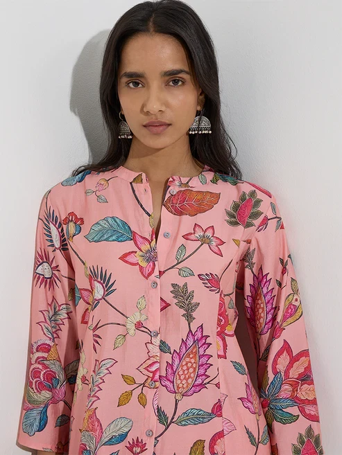 Utsa Pink Floral Patterned A-Line Kurti