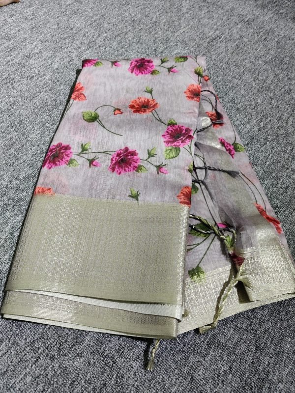 Handloom Digital Printed Linen Saree - Ash