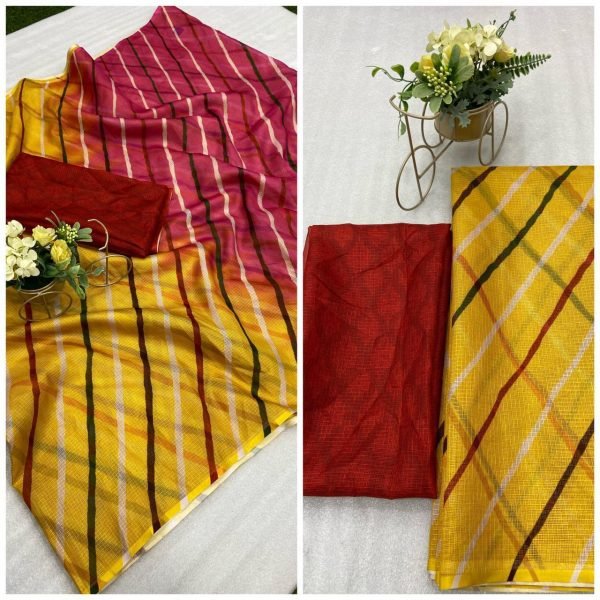 Cotton Printed Laheriya Saree - Yellow and Red